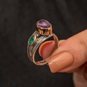 Gümüş Ametist Taşlı Zümrüt Otantik Ayarlanabilir Kadın Yüzük